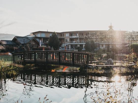 Natural bathing pond with a view of the Molzbachhof wooden hotel