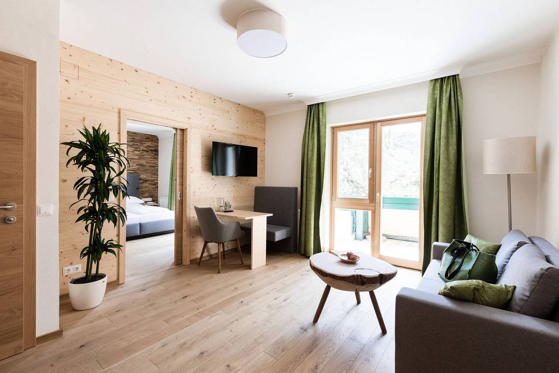 Living space in the spruce suite at the Naturhotel Molzbachhof