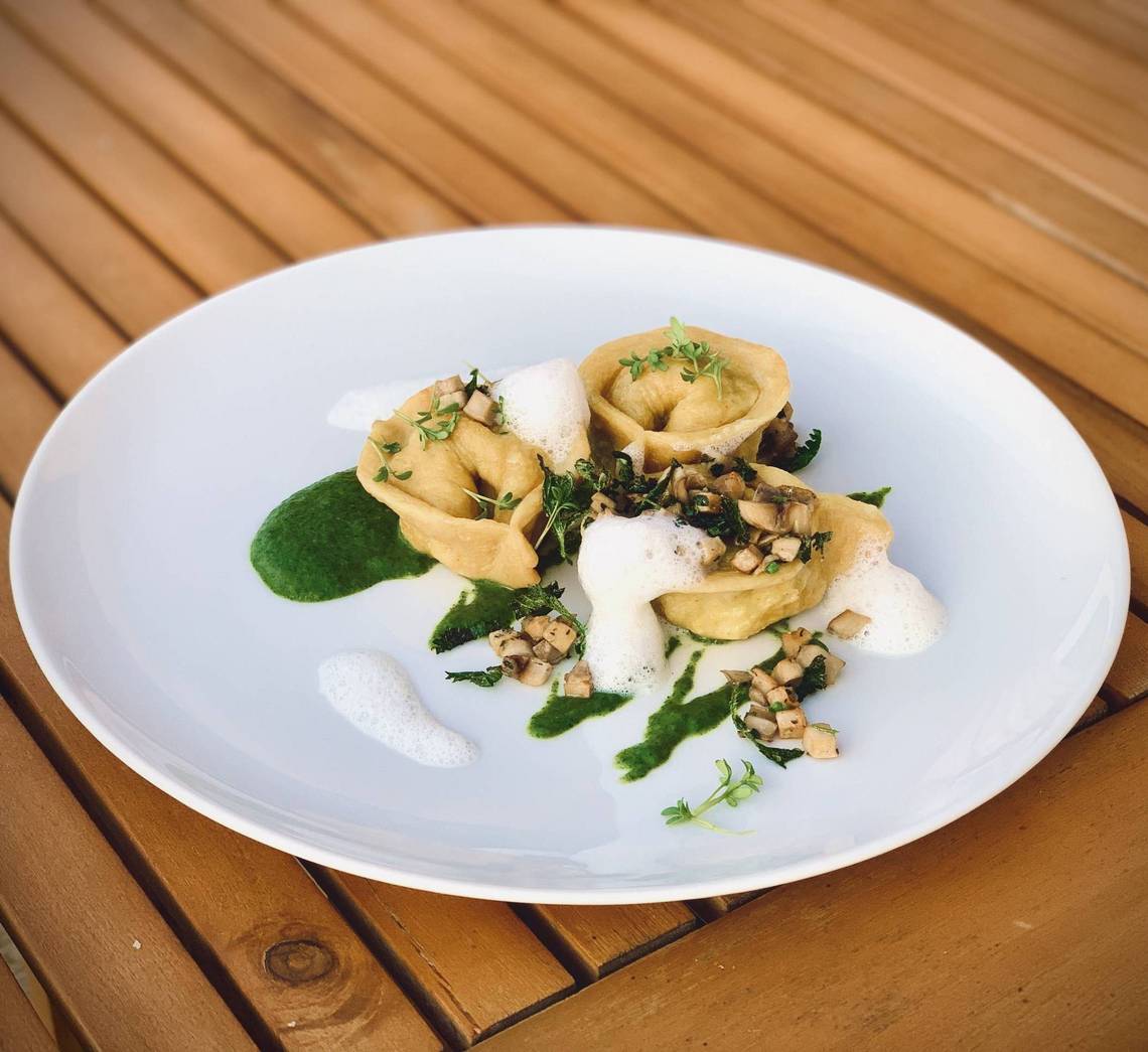 Boiled young beef ravioli with nettle spinach in the gourmet restaurant