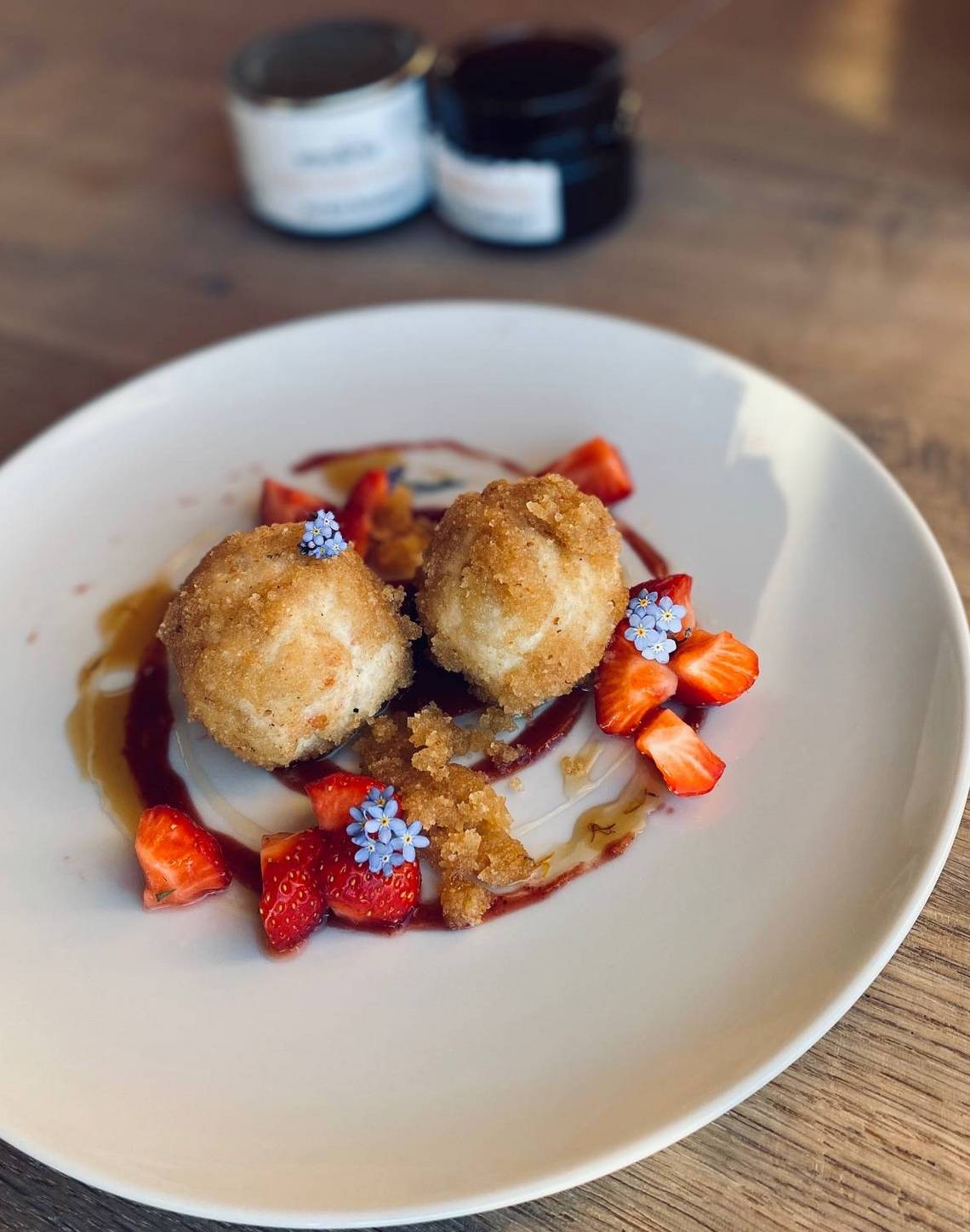 Curd cheese dumplings with dandelion honey in the gourmet restaurant