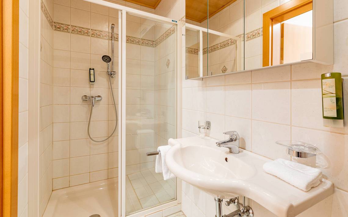 Bathroom in the Saurücken room at Naturhotel Molzbachhof